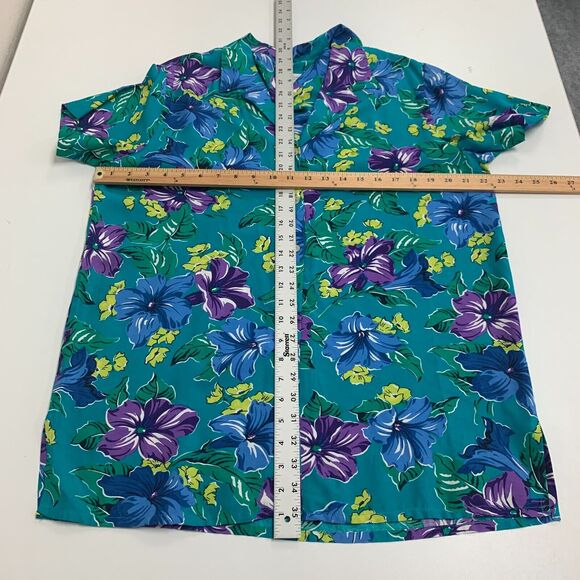 Jones New York Hawaiian Shirt Womens 12 Teal Floral Rayon Short Sleeve Button Up - Picture 8 of 13